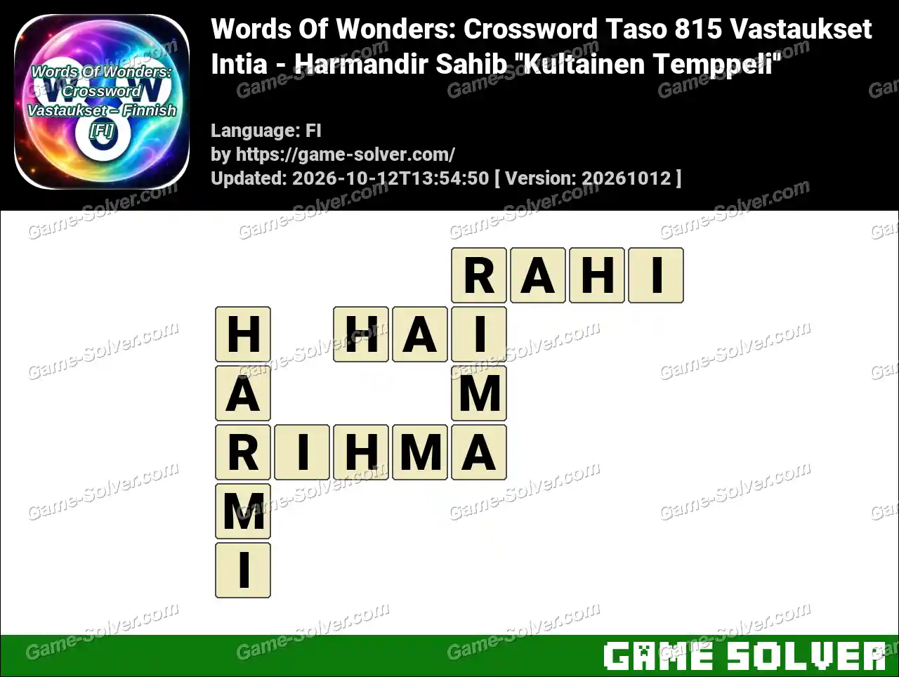 Words Of Wonders: Crossword Taso 815 Vastaukset – Intia – Harmandir Sahib ”Kultainen Temppeli”